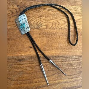 Claudine Haloo CH End Of The Trail Zuni Sterling And Turquoise Bolo Tie